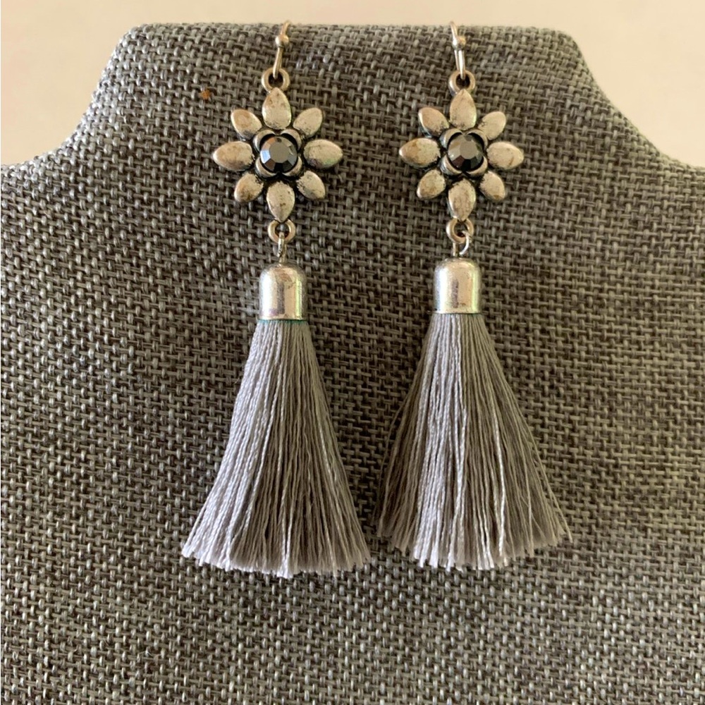 Gray and Silver Tassel Earrings with flower design